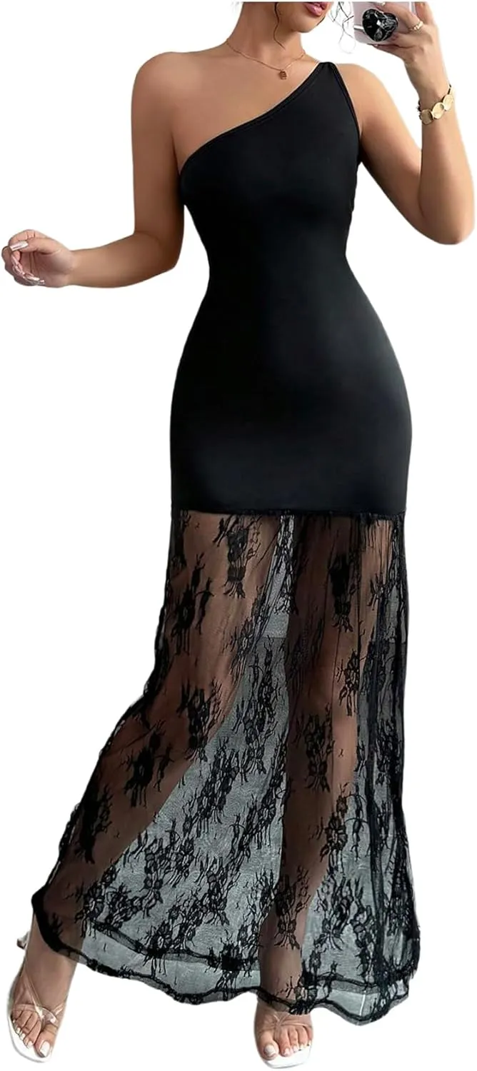 GORGLITTER Women's Lace Dress One Shoulder Sleeveless Bodycon Maxi Dresses