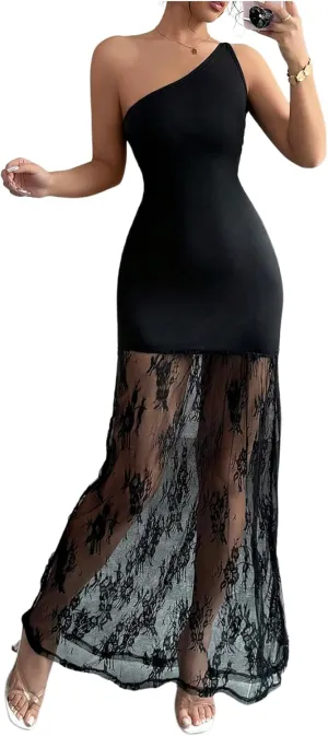 GORGLITTER Women's Lace Dress One Shoulder Sleeveless Bodycon Maxi Dresses