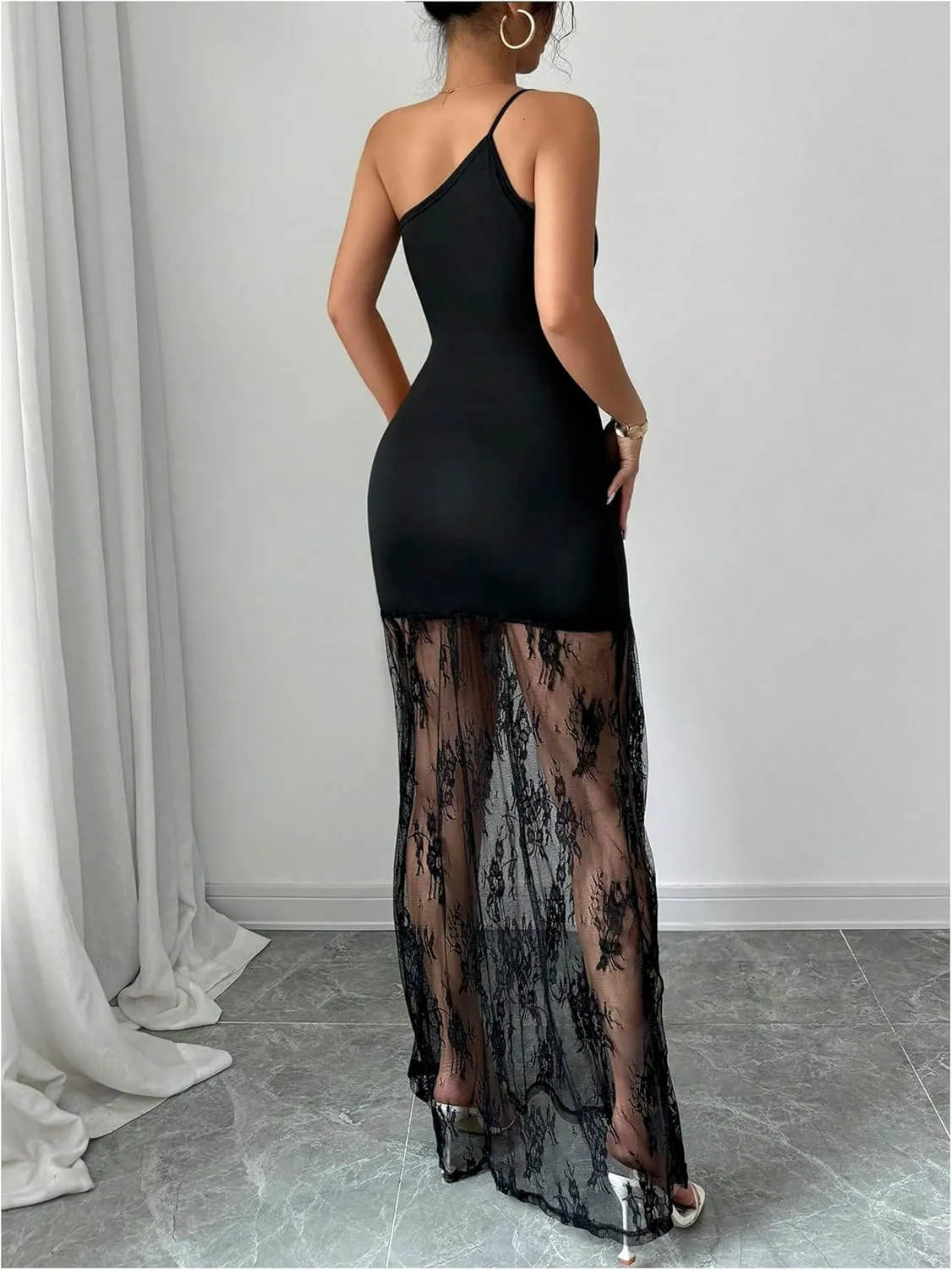GORGLITTER Women's Lace Dress One Shoulder Sleeveless Bodycon Maxi Dresses