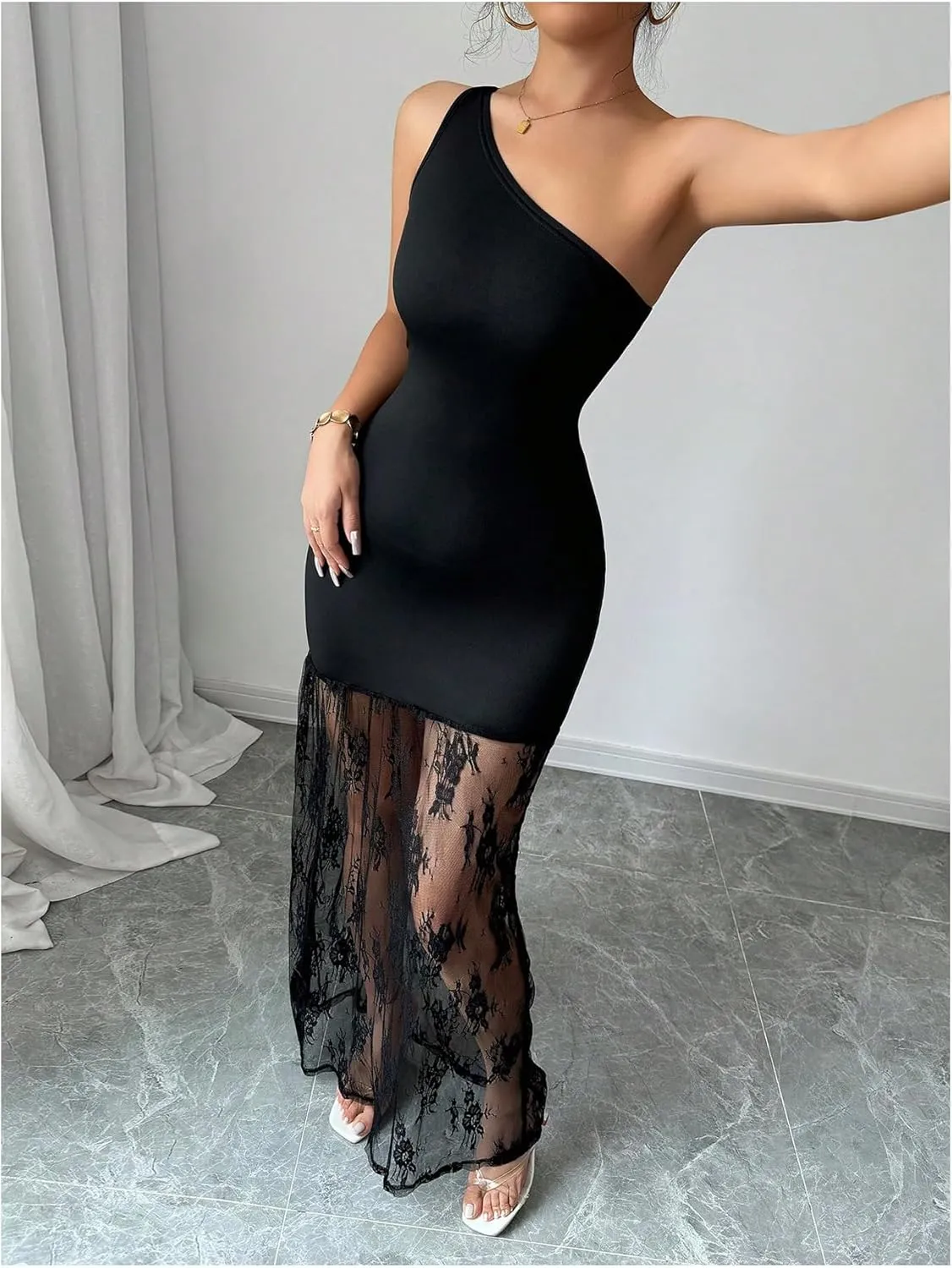 GORGLITTER Women's Lace Dress One Shoulder Sleeveless Bodycon Maxi Dresses