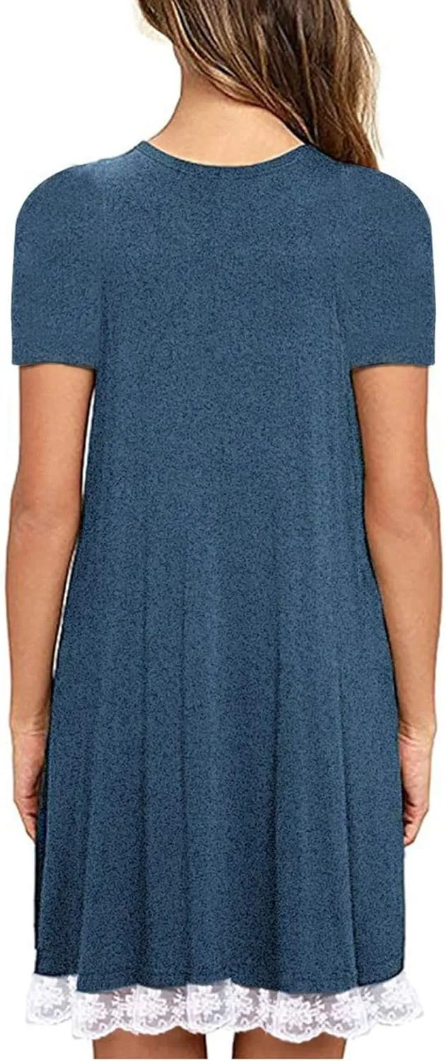 Halife Womens Summer Casual Tshirt Dress Loose Lace Hem Short Sleeve Beach Sundresses with Pockets