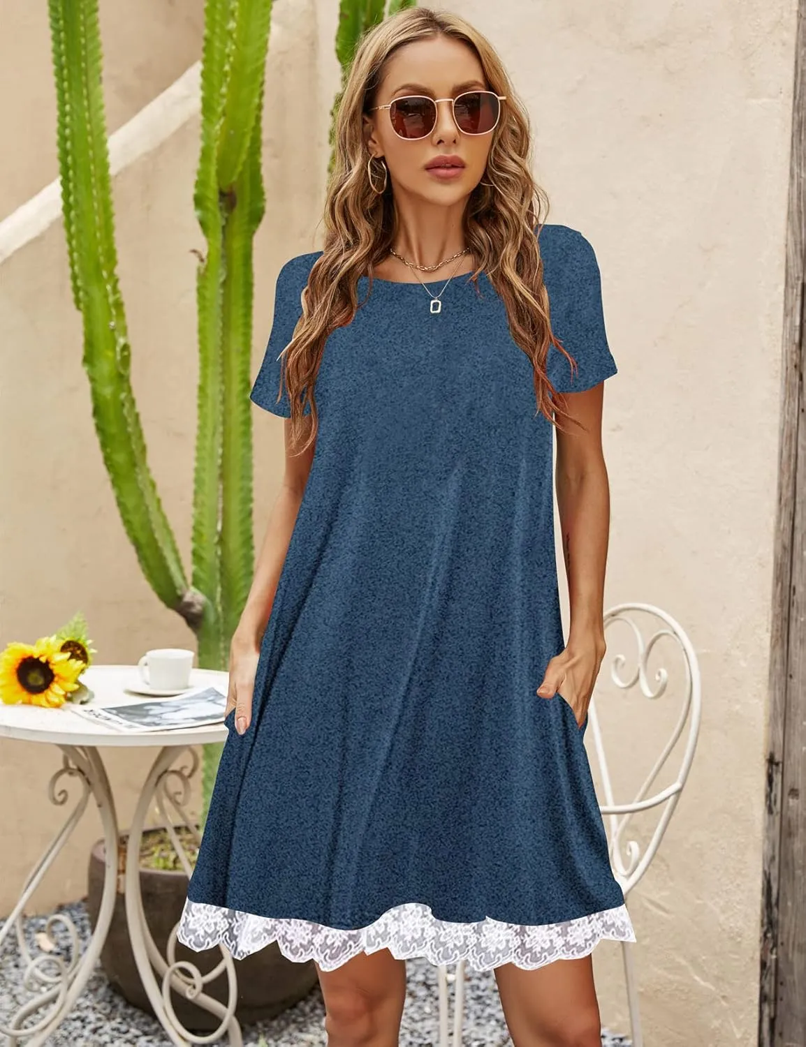Halife Womens Summer Casual Tshirt Dress Loose Lace Hem Short Sleeve Beach Sundresses with Pockets