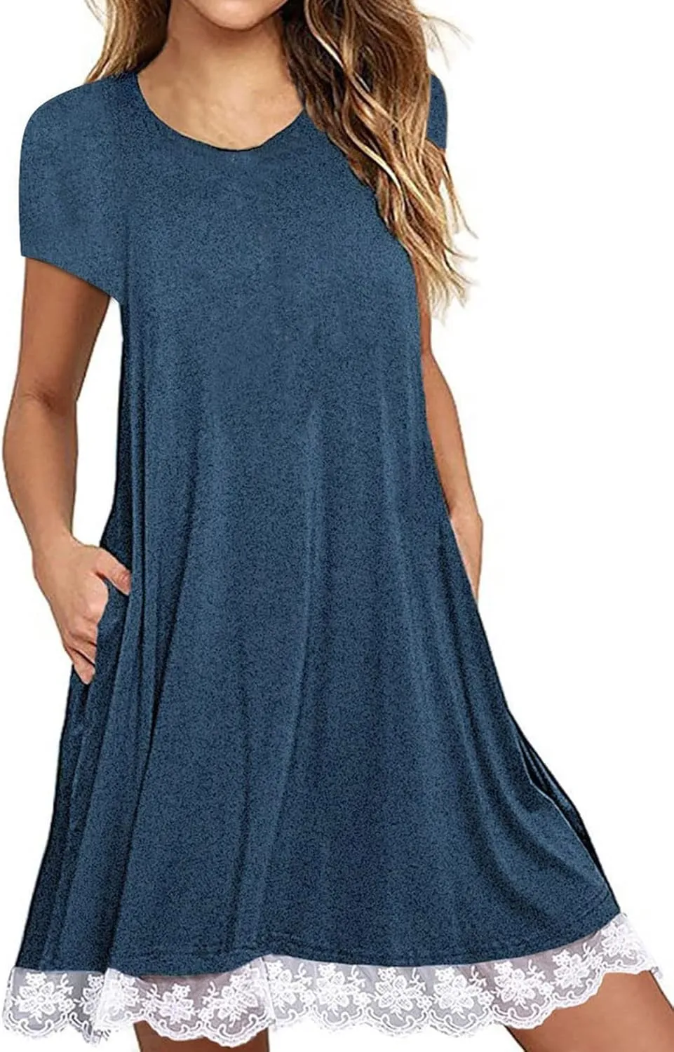 Halife Womens Summer Casual Tshirt Dress Loose Lace Hem Short Sleeve Beach Sundresses with Pockets