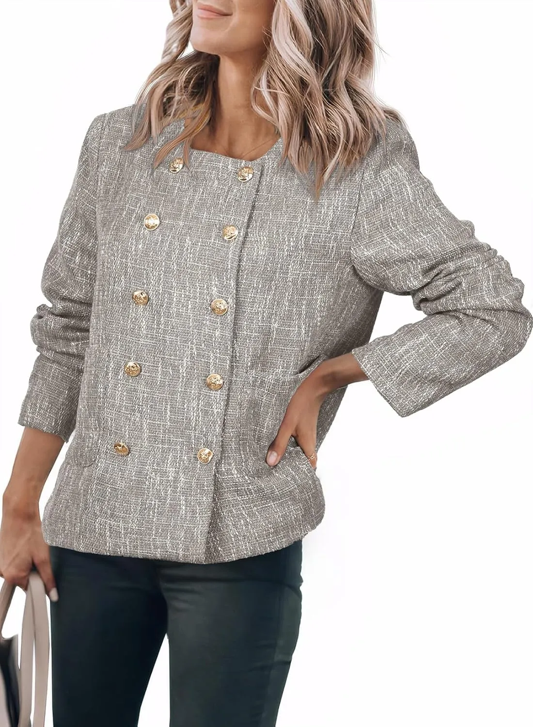 Happy Sailed Womens Cropped Tweed Blazers Casual Long Sleeve Double Breasted Open Front Blazer Jackets Work Suits