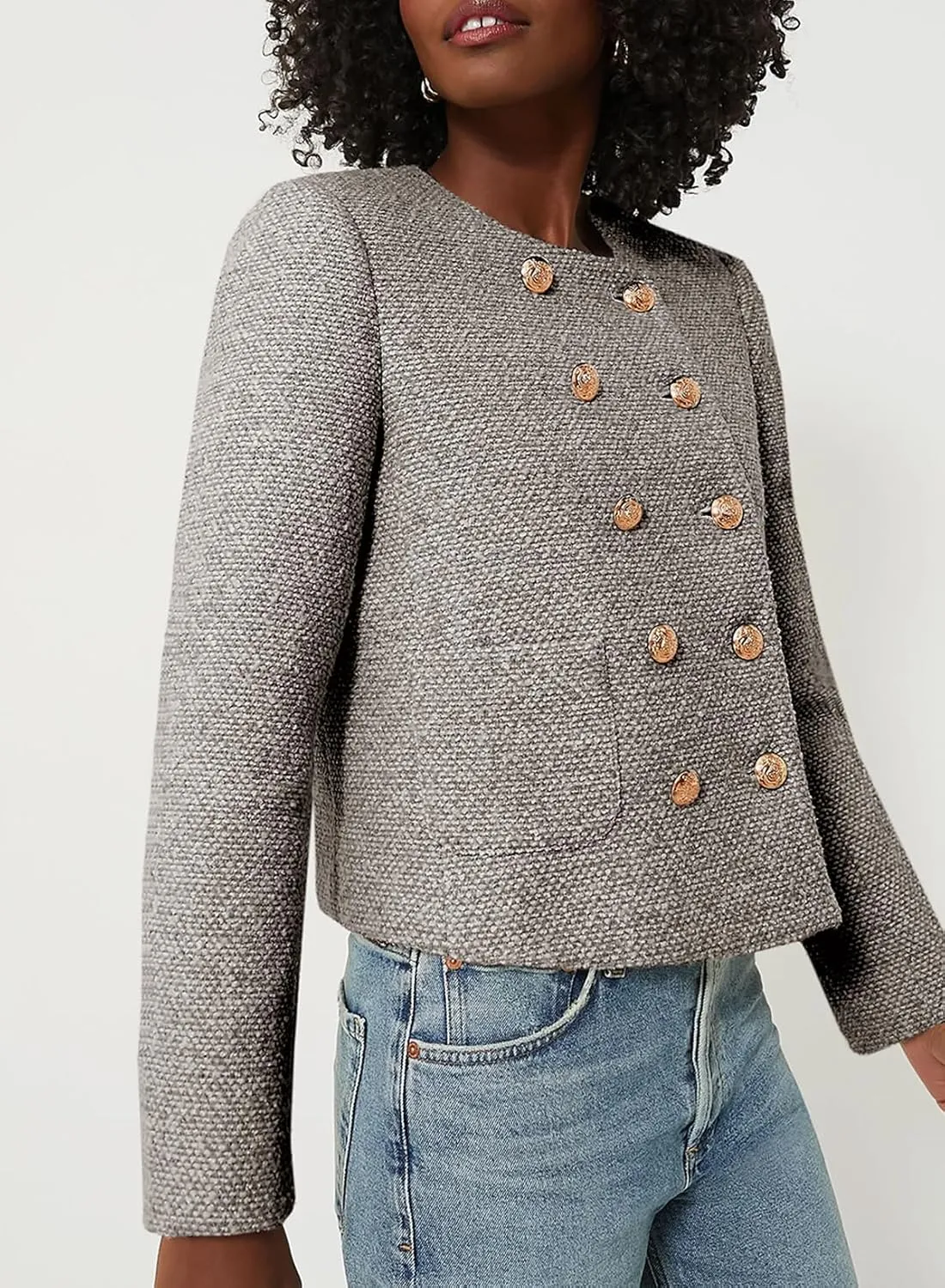 Happy Sailed Womens Cropped Tweed Blazers Casual Long Sleeve Double Breasted Open Front Blazer Jackets Work Suits