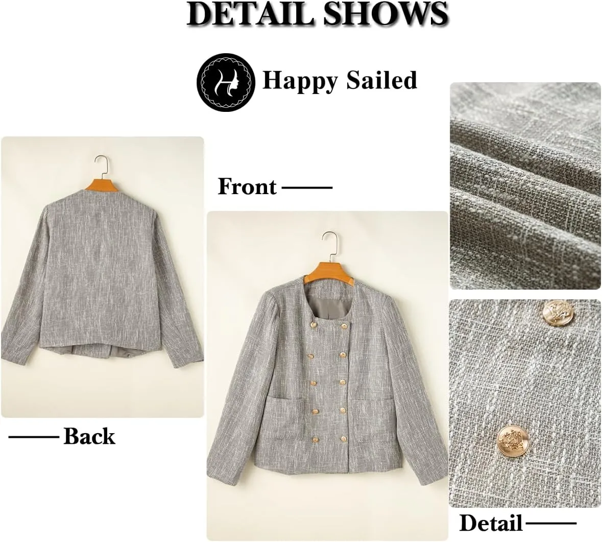 Happy Sailed Womens Cropped Tweed Blazers Casual Long Sleeve Double Breasted Open Front Blazer Jackets Work Suits