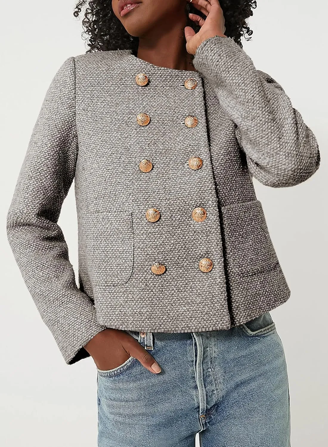 Happy Sailed Womens Cropped Tweed Blazers Casual Long Sleeve Double Breasted Open Front Blazer Jackets Work Suits