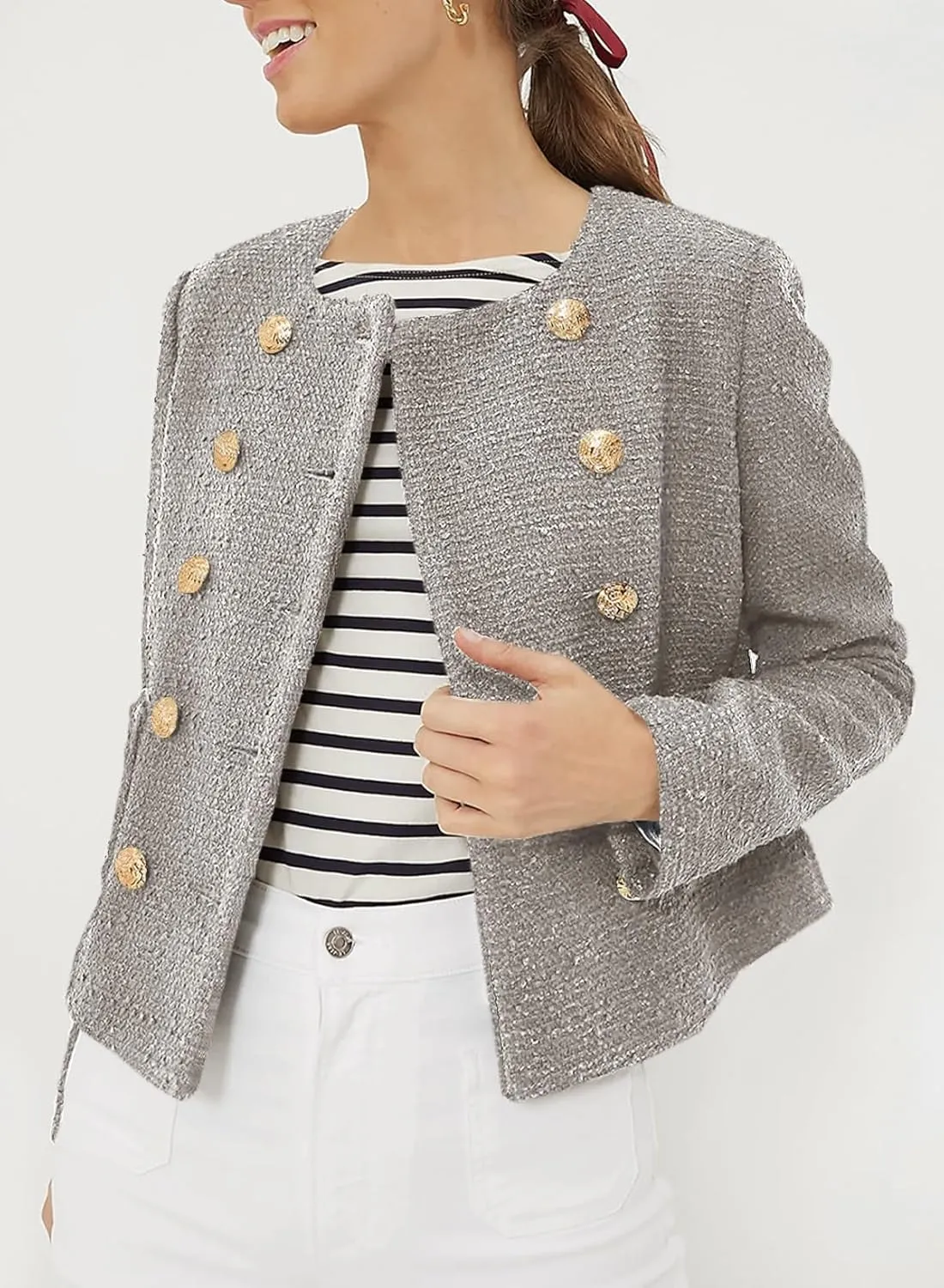 Happy Sailed Womens Cropped Tweed Blazers Casual Long Sleeve Double Breasted Open Front Blazer Jackets Work Suits