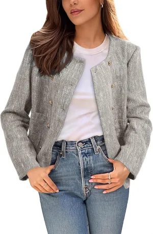 Happy Sailed Womens Cropped Tweed Blazers Casual Long Sleeve Double Breasted Open Front Blazer Jackets Work Suits