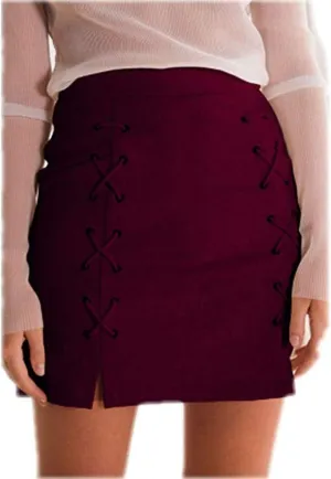katiewens Women's Classic High Waist Lace Up Bodycon Faux Suede A Line Mini Pencil Skirt