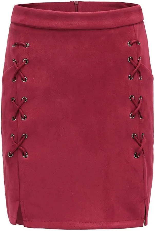 katiewens Women's Classic High Waist Lace Up Bodycon Faux Suede A Line Mini Pencil Skirt