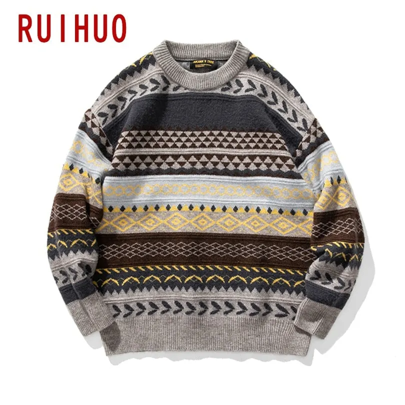 Knitted Striped Vintage Sweater Men's Clothes Pullover Casual Sweater