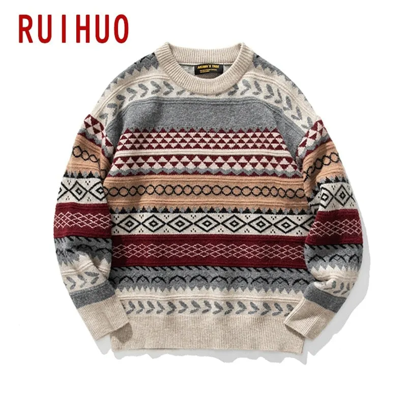 Knitted Striped Vintage Sweater Men's Clothes Pullover Casual Sweater