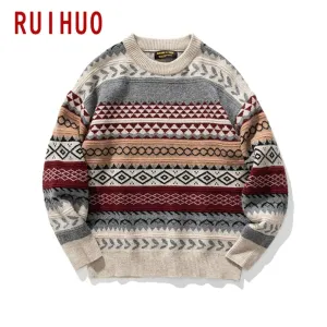 Knitted Striped Vintage Sweater Men's Clothes Pullover Casual Sweater