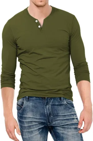 KUYIGO Mens Henley Shirts Slim Fit Long Sleeve Casual Button Fashion Cotton V Neck Tops Tee