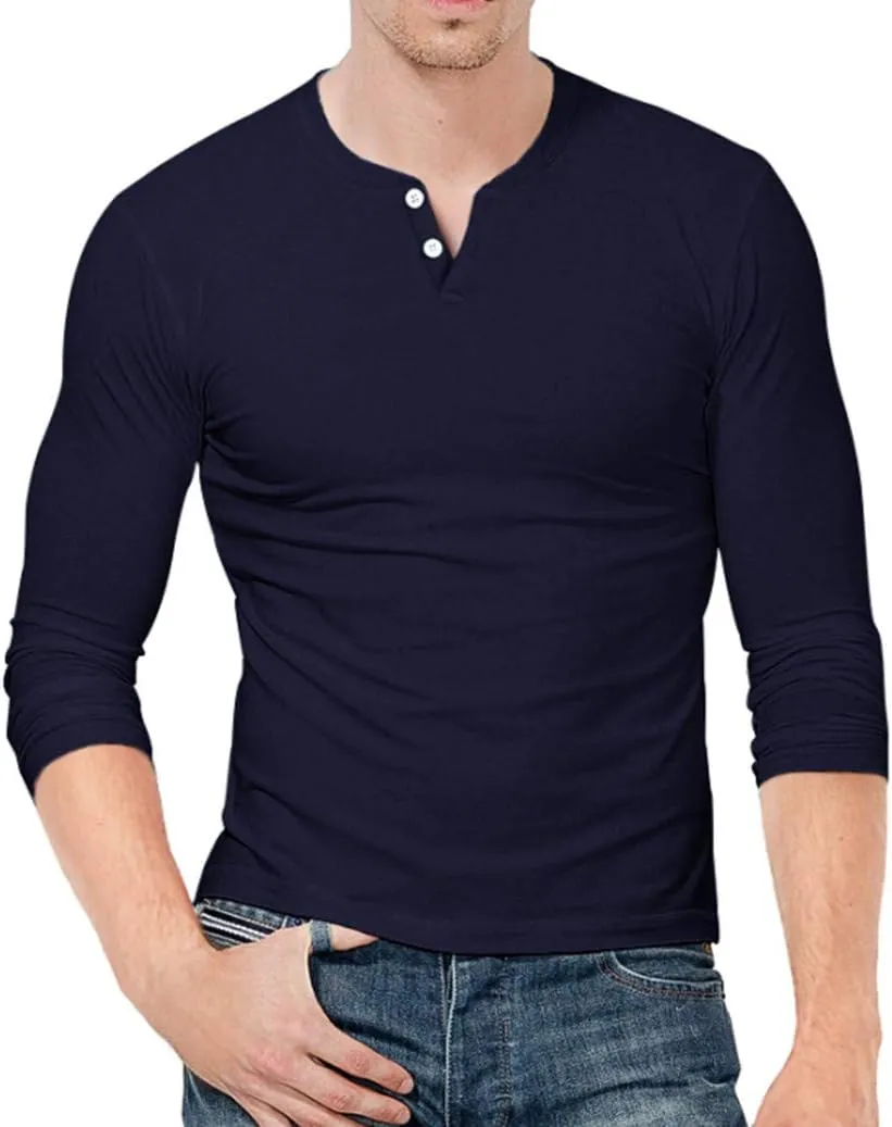 KUYIGO Mens Henley Shirts Slim Fit Long Sleeve Casual Button Fashion Cotton V Neck Tops Tee