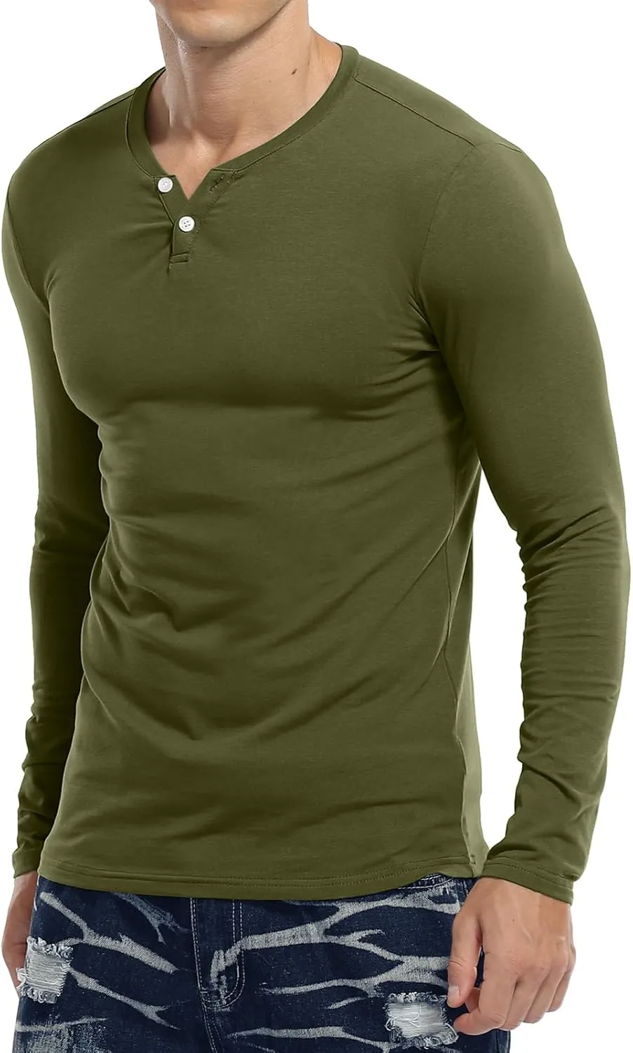 KUYIGO Mens Henley Shirts Slim Fit Long Sleeve Casual Button Fashion Cotton V Neck Tops Tee