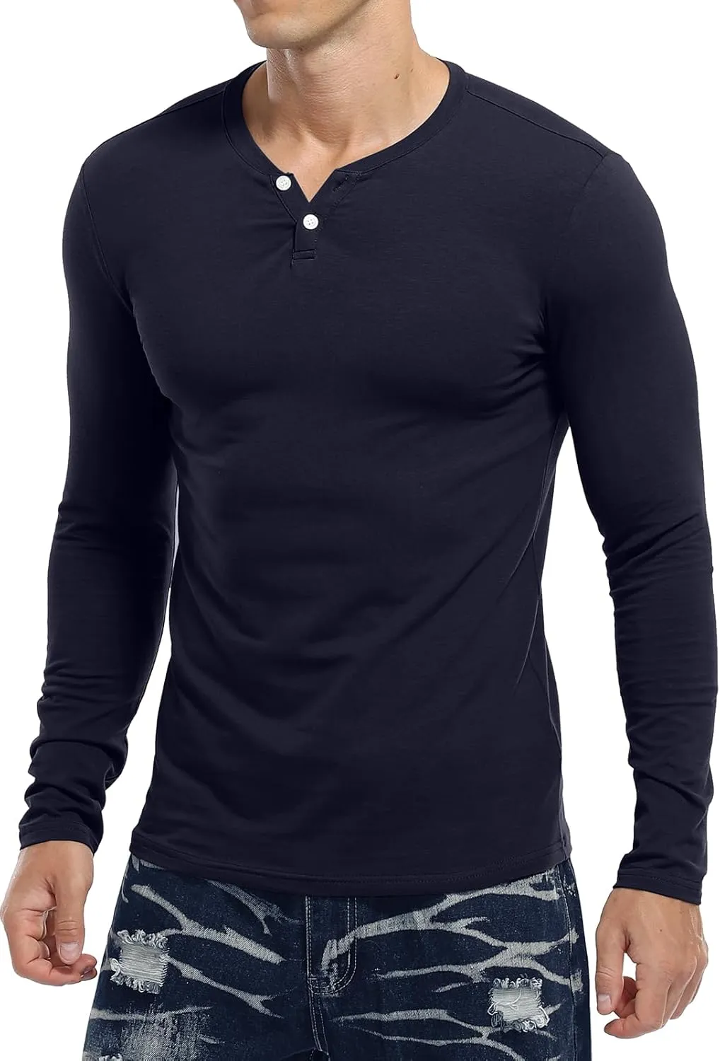 KUYIGO Mens Henley Shirts Slim Fit Long Sleeve Casual Button Fashion Cotton V Neck Tops Tee