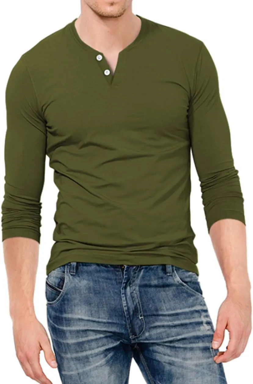KUYIGO Mens Henley Shirts Slim Fit Long Sleeve Casual Button Fashion Cotton V Neck Tops Tee