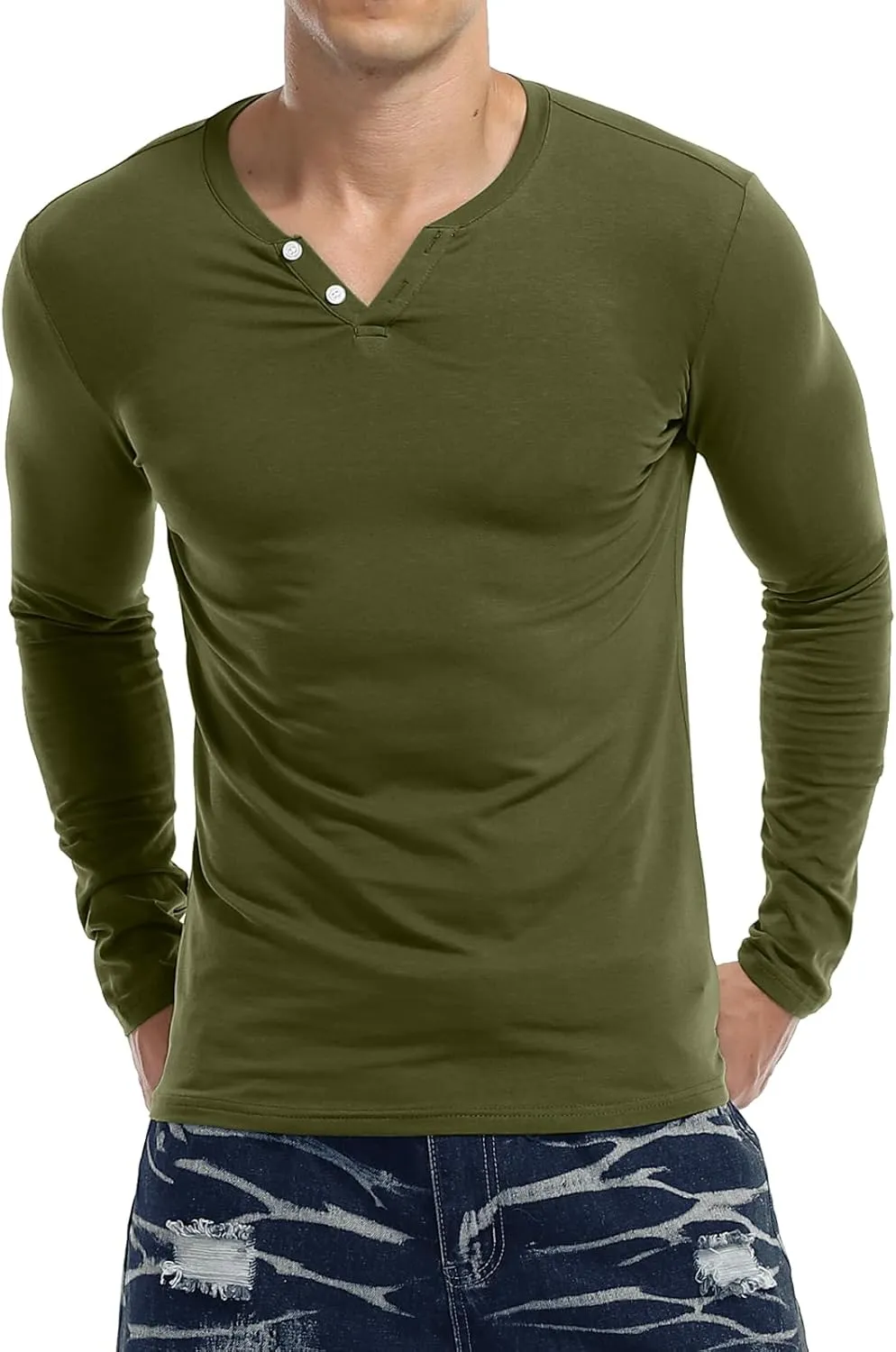 KUYIGO Mens Henley Shirts Slim Fit Long Sleeve Casual Button Fashion Cotton V Neck Tops Tee