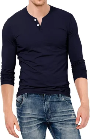 KUYIGO Mens Henley Shirts Slim Fit Long Sleeve Casual Button Fashion Cotton V Neck Tops Tee