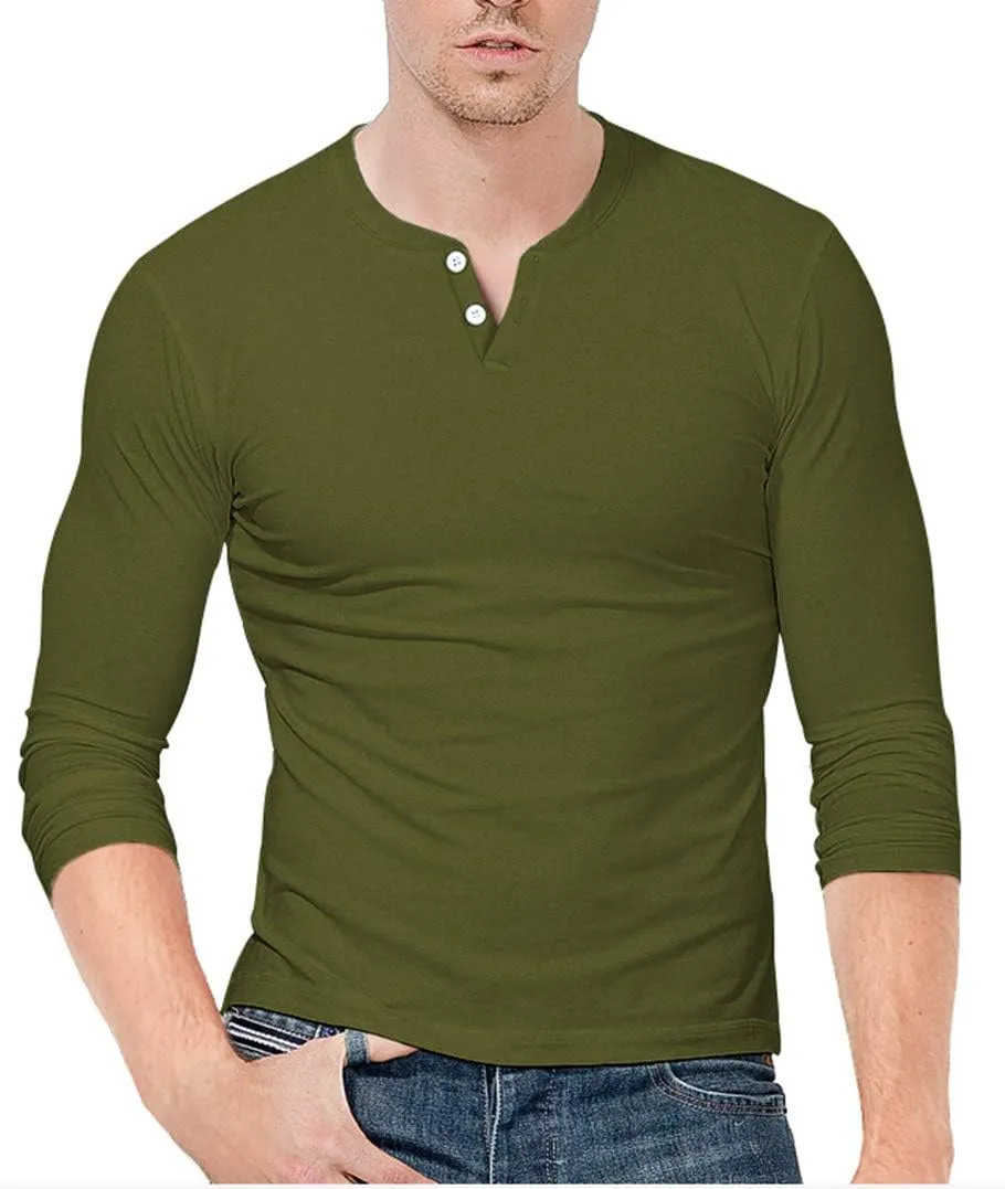 KUYIGO Mens Henley Shirts Slim Fit Long Sleeve Casual Button Fashion Cotton V Neck Tops Tee