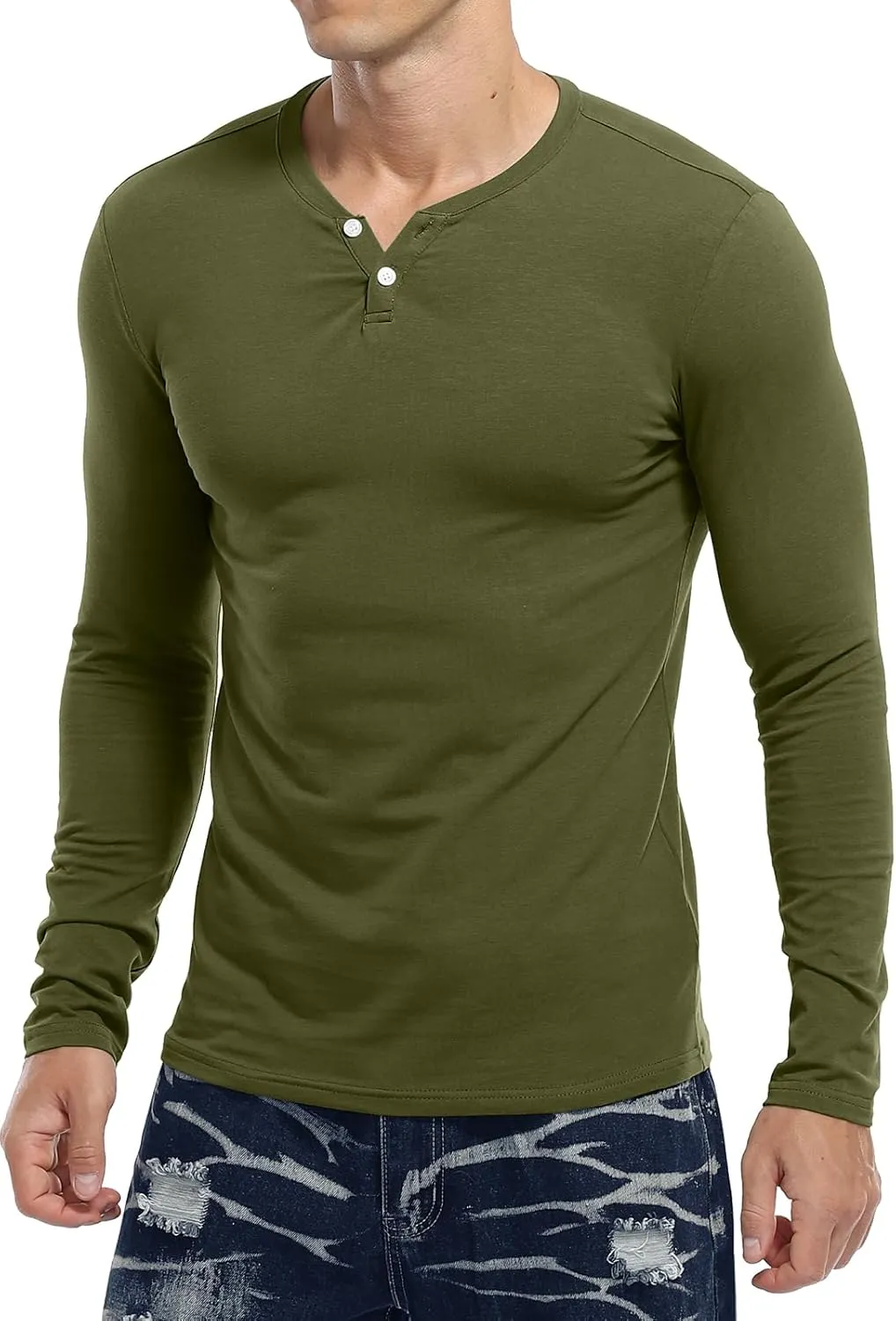 KUYIGO Mens Henley Shirts Slim Fit Long Sleeve Casual Button Fashion Cotton V Neck Tops Tee