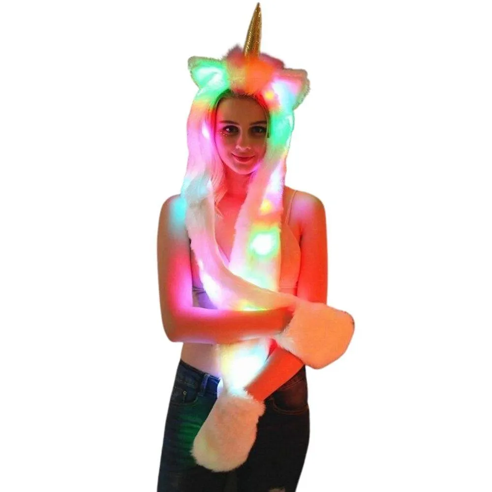 LED Light Up Faux Fur Hat Scarf Gloves Bear Unicorn Hood Hat Plush Warm Scarf Gloves Halloween Christmas Party Novelty Kawaii Cyber