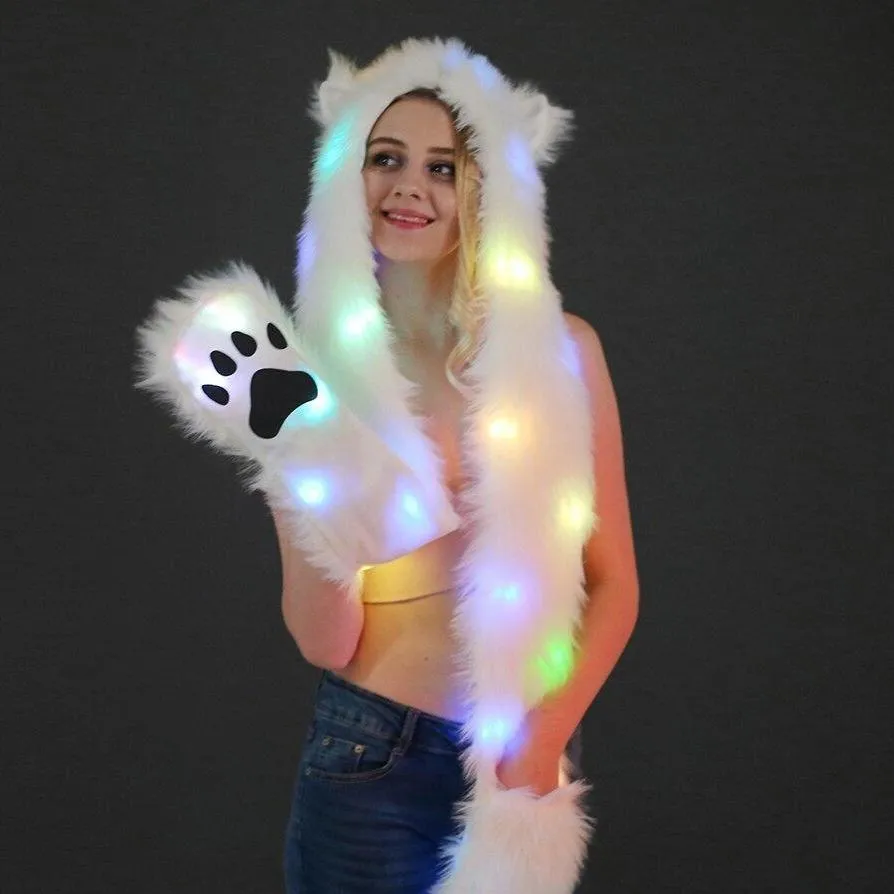 LED Light Up Faux Fur Hat Scarf Gloves Bear Unicorn Hood Hat Plush Warm Scarf Gloves Halloween Christmas Party Novelty Kawaii Cyber