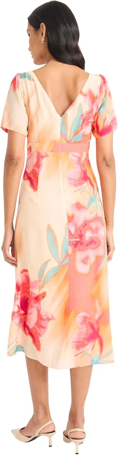 Maggy London Women's Floral Printed Midi Cocktail Dress with Boat Neckline and Empire Waist-Wedding Guest Ready