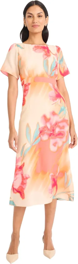 Maggy London Women's Floral Printed Midi Cocktail Dress with Boat Neckline and Empire Waist-Wedding Guest Ready