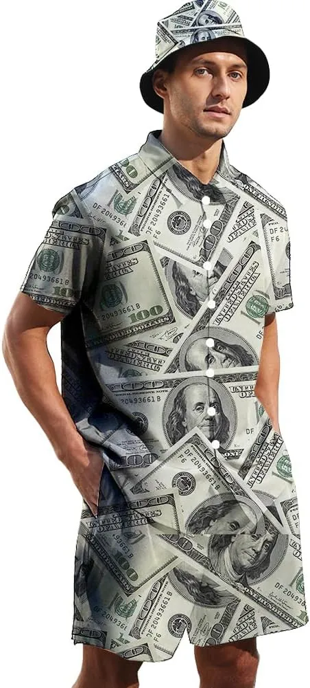 Men's 2 Piece Tracksuit Hawaiian Shirt Shorts Button Down Shirt and Shorts Sets with Bucket Hats