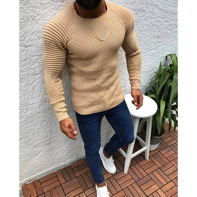 Men's Knitted Sweater Pullovers Streetwear Tops Pleated Casual Slim Fit  All-match Knitwear Male Autumn Winter Fashion Clothing