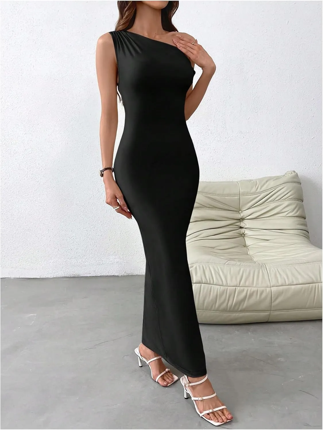 Milumia Women's One Shoulder Twisted Asymmetrical Neck Sleeveless Bodycon Maxi Dresses