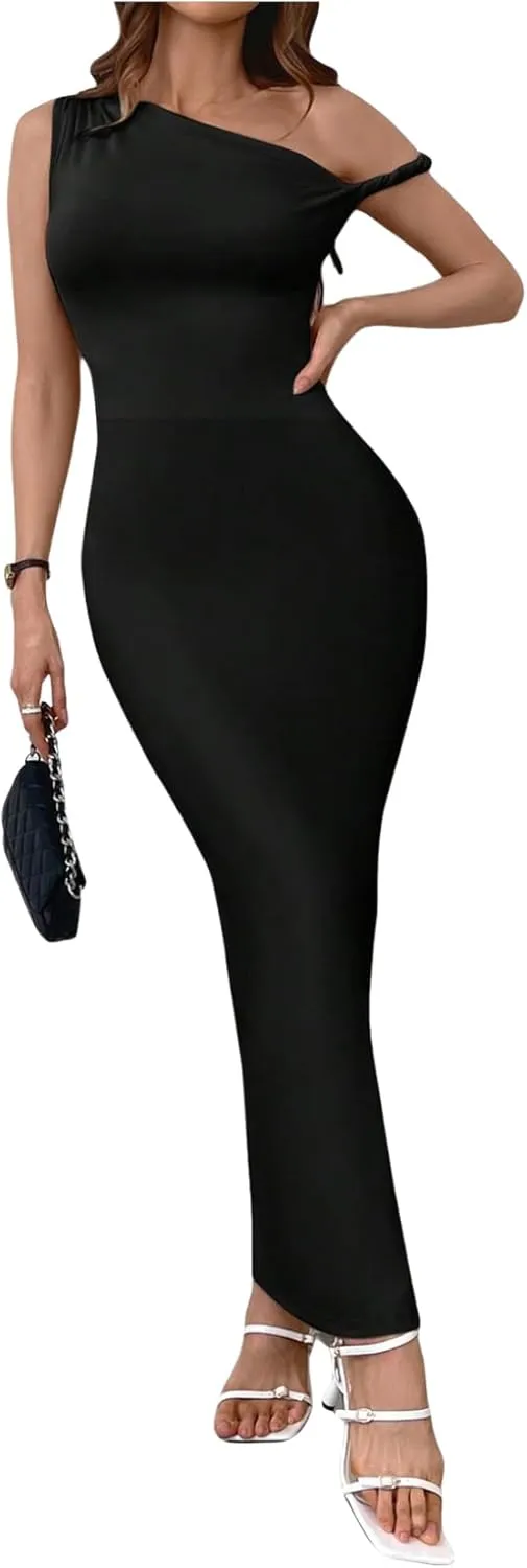 Milumia Women's One Shoulder Twisted Asymmetrical Neck Sleeveless Bodycon Maxi Dresses