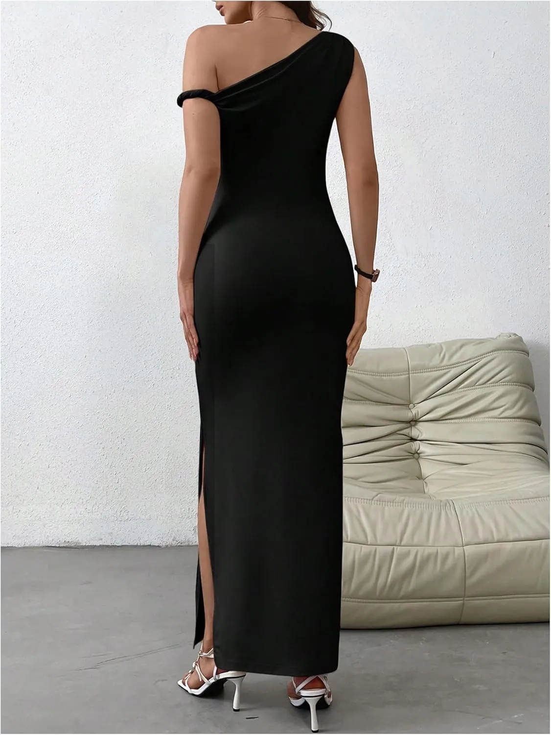 Milumia Women's One Shoulder Twisted Asymmetrical Neck Sleeveless Bodycon Maxi Dresses