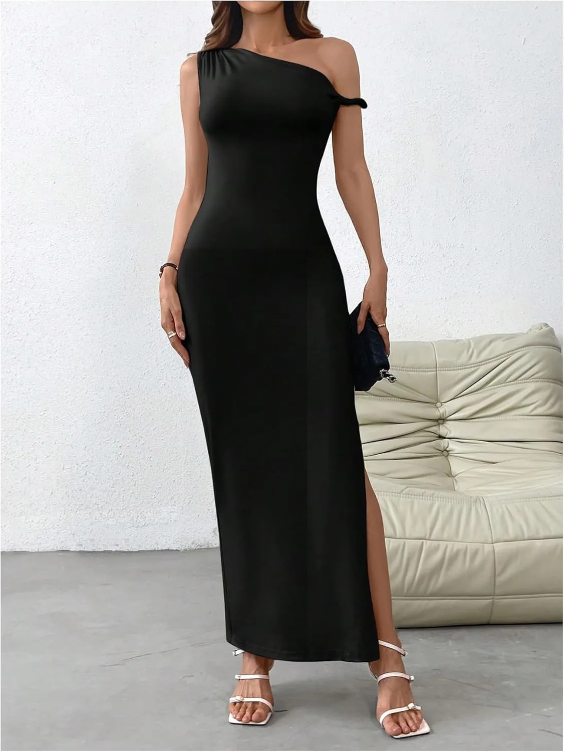 Milumia Women's One Shoulder Twisted Asymmetrical Neck Sleeveless Bodycon Maxi Dresses