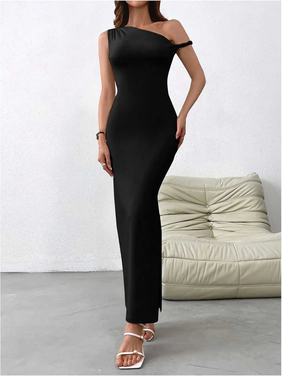 Milumia Women's One Shoulder Twisted Asymmetrical Neck Sleeveless Bodycon Maxi Dresses
