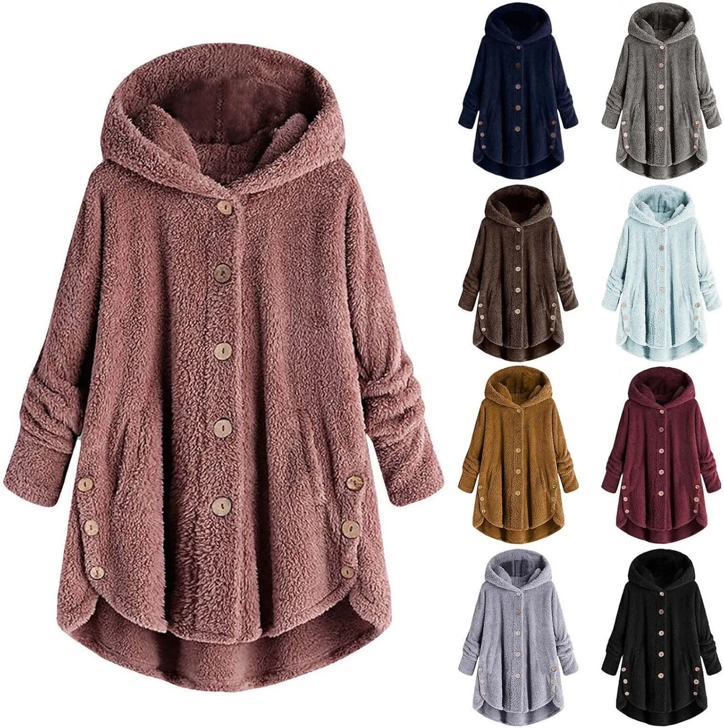 nerohusy Fleece Jacket Women Plus Size Warm Teddy Coat with Fur Hood Warm Fuzzy Jackets Thick Faux Fleece Lined Overcoat