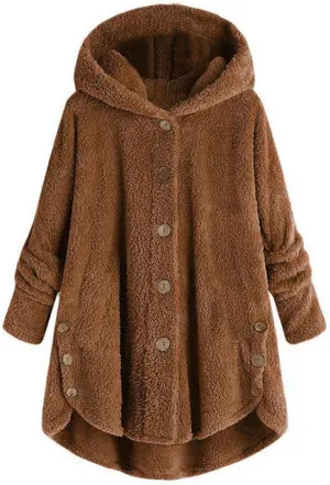 nerohusy Fleece Jacket Women Plus Size Warm Teddy Coat with Fur Hood Warm Fuzzy Jackets Thick Faux Fleece Lined Overcoat