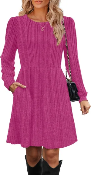 OFEEFAN Womens Fall Dresses Crew Neck Long Sleeve Winter Knit Sweater Dress 2024