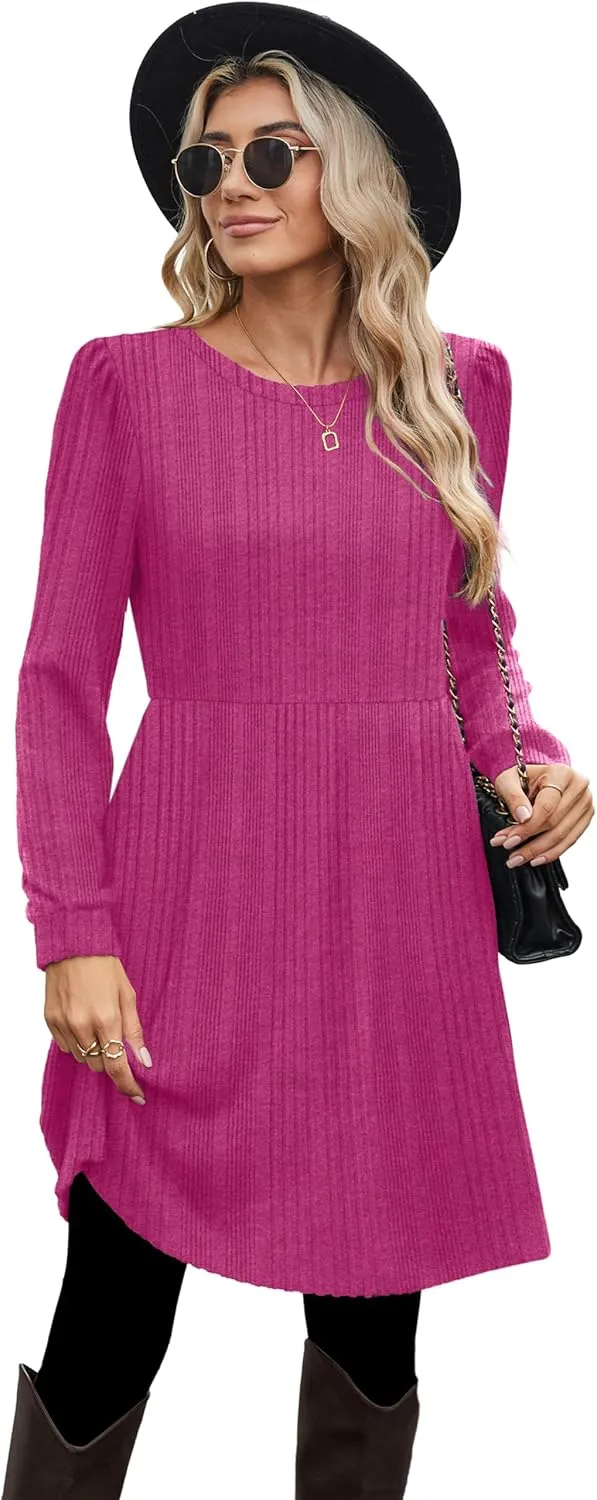 OFEEFAN Womens Fall Dresses Crew Neck Long Sleeve Winter Knit Sweater Dress 2024