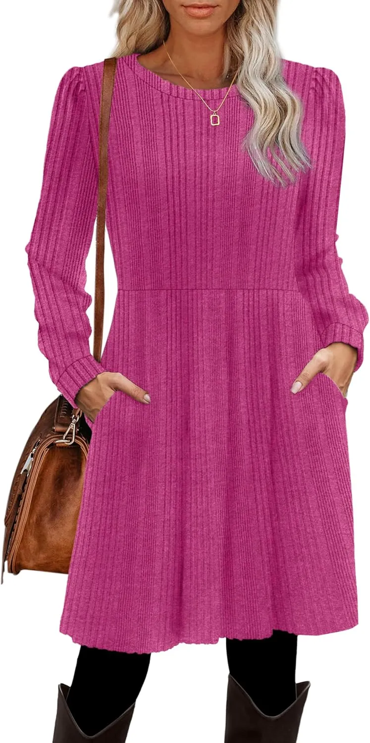OFEEFAN Womens Fall Dresses Crew Neck Long Sleeve Winter Knit Sweater Dress 2024