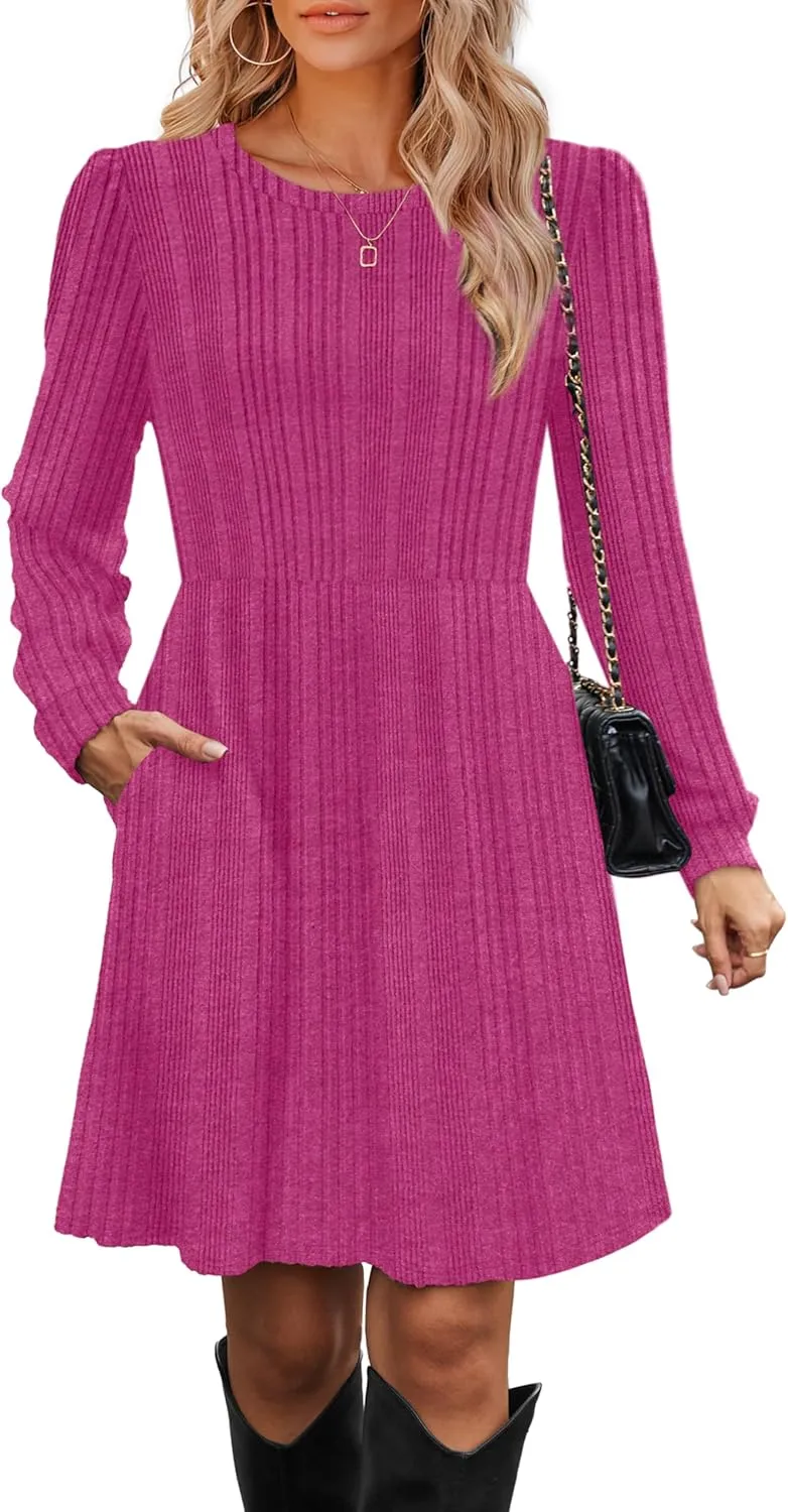OFEEFAN Womens Fall Dresses Crew Neck Long Sleeve Winter Knit Sweater Dress 2024