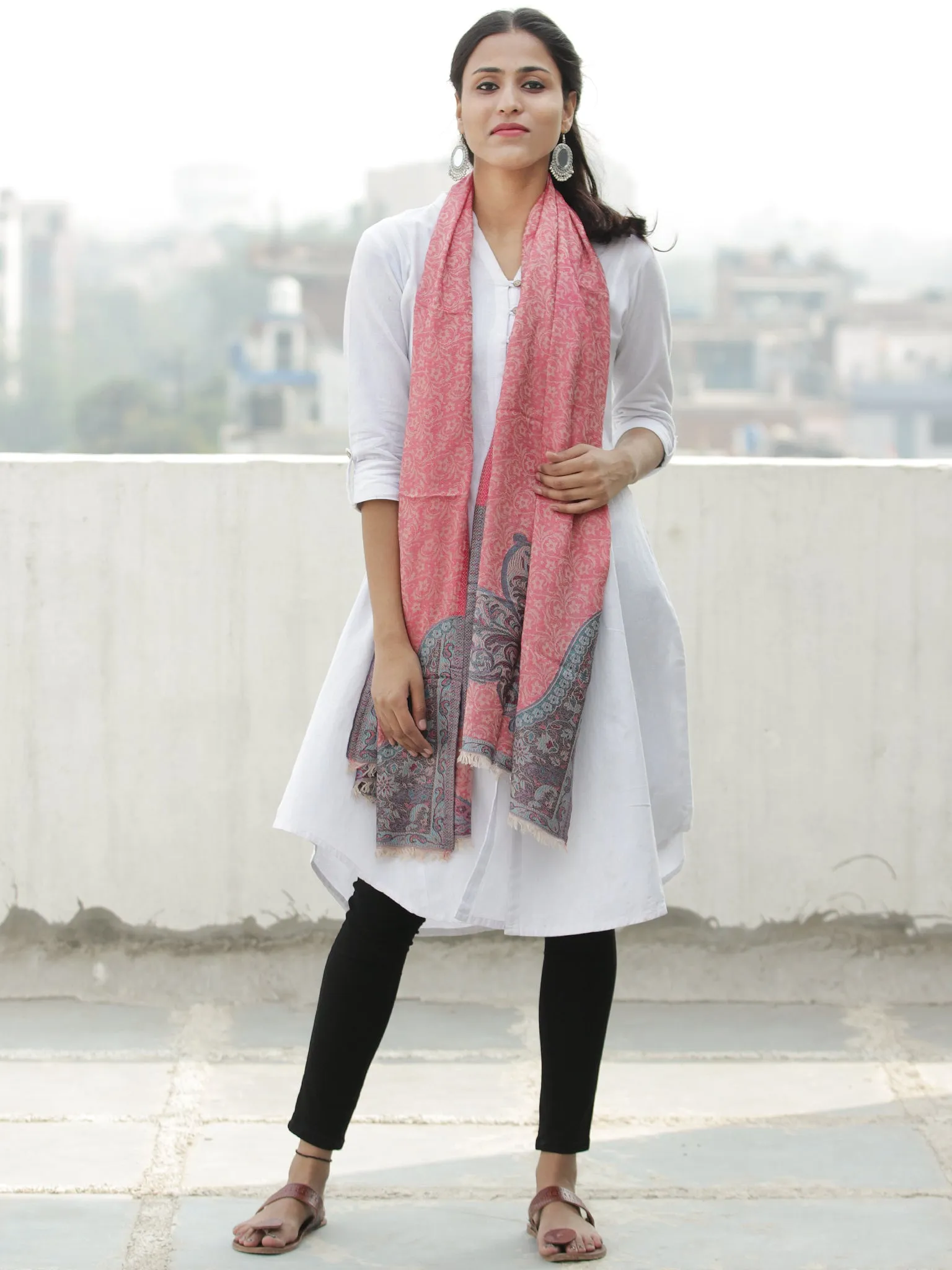 Pink Grey Self Weaved Modal Silk Wool Kashmiri Stole - S200600