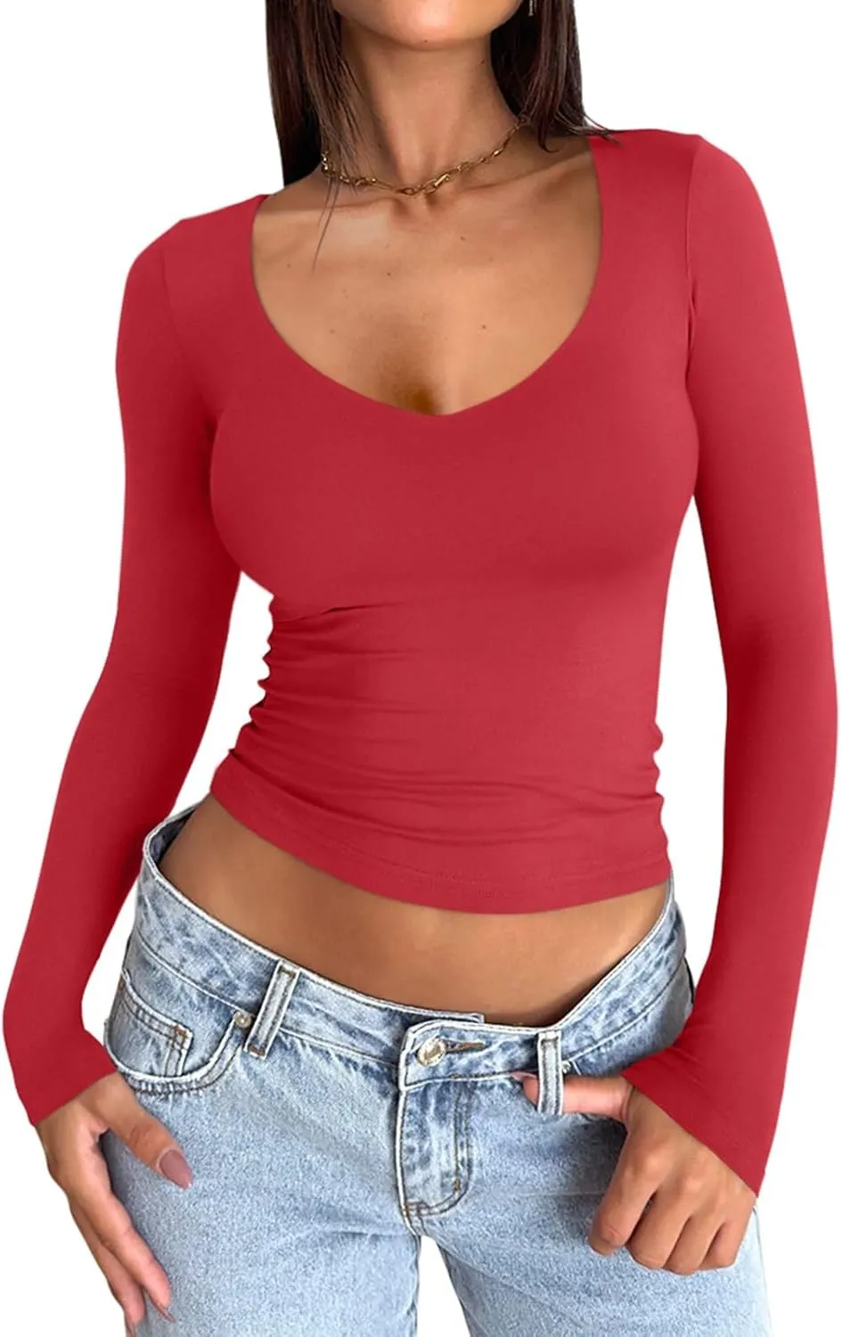 PINKMSTYLE Women's Double Lined V Neck Long Sleeve Shirts Basic Tees Fitted Tops Fall Outfits 2024