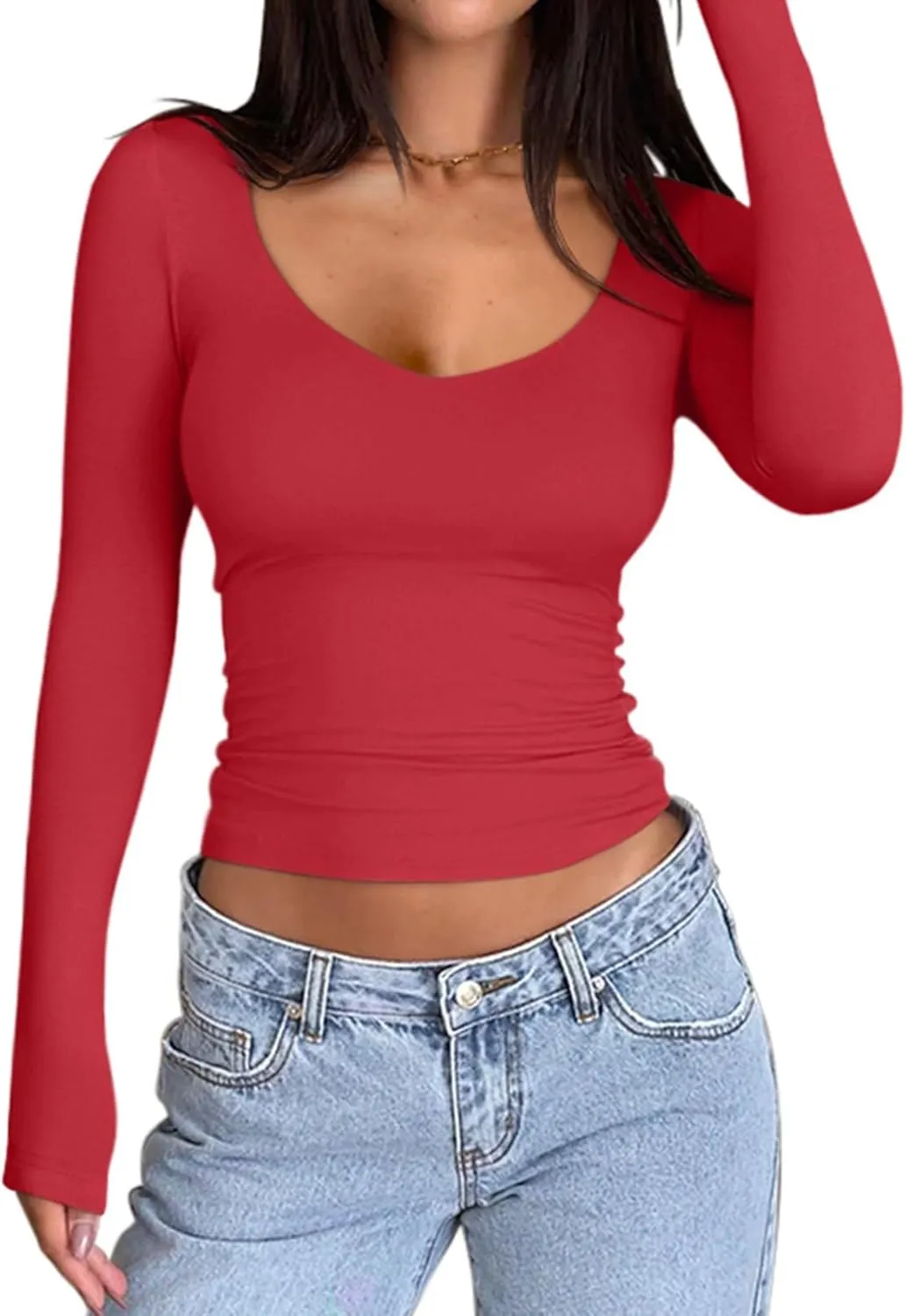 PINKMSTYLE Women's Double Lined V Neck Long Sleeve Shirts Basic Tees Fitted Tops Fall Outfits 2024