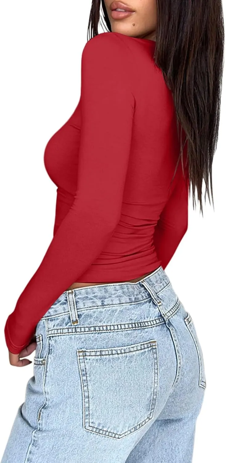 PINKMSTYLE Women's Double Lined V Neck Long Sleeve Shirts Basic Tees Fitted Tops Fall Outfits 2024