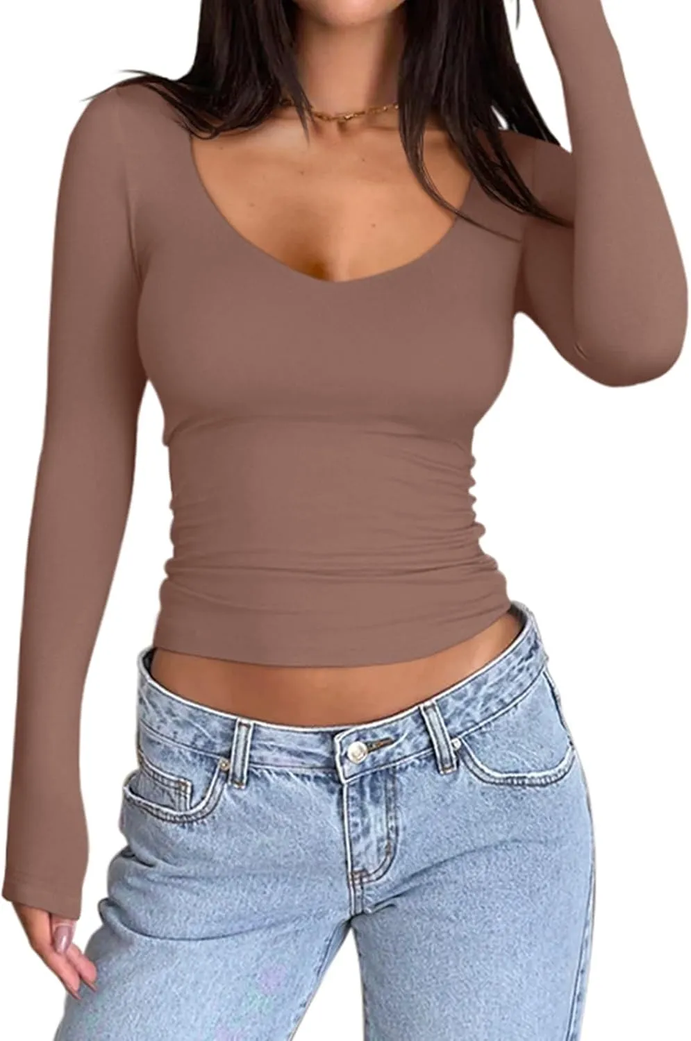 PINKMSTYLE Women's Double Lined V Neck Long Sleeve Shirts Basic Tees Fitted Tops Fall Outfits 2024