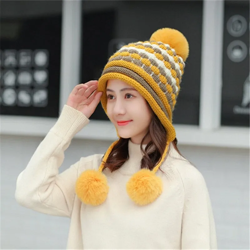 Plus Velvet Winter Knitted Hat Thick Pineapple Pattern Outdoor Knitted Woolen Warm Winter Cap
